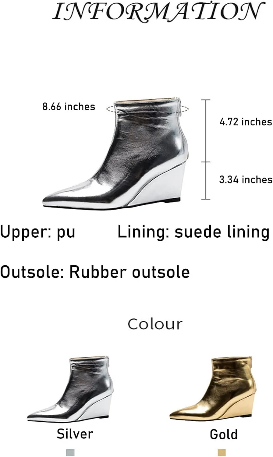 Women'S Patent Leather Shiny One-Piece Wedge Heel Fashion Ankle Boots With Back Zipper Sexy Pointed Block High Heel Non-Slip Chelsea Dress Party Ankle Boots