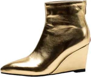 Women'S Patent Leather Shiny One-Piece Wedge Heel Fashion Ankle Boots With Back Zipper Sexy Pointed Block High Heel Non-Slip Chelsea Dress Party Ankle Boots