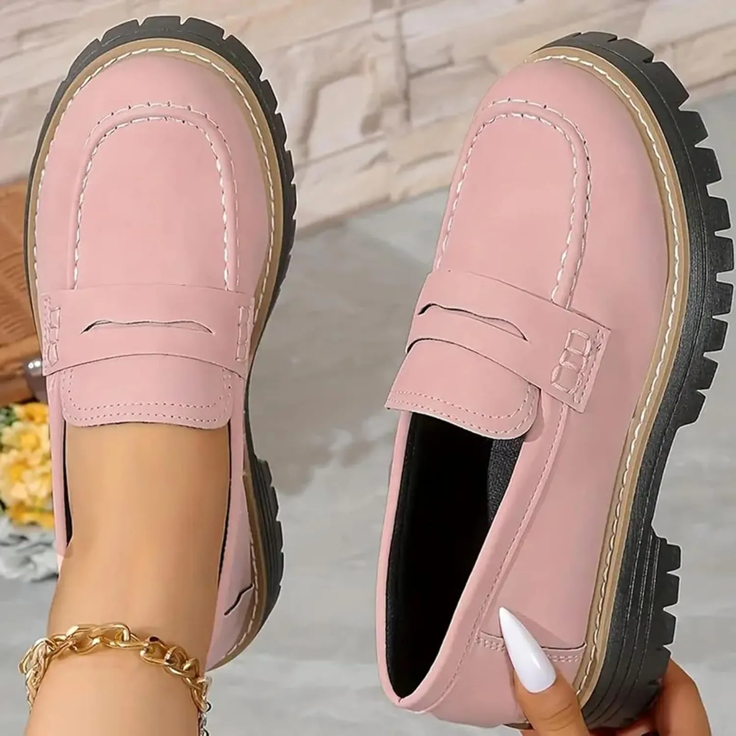 Womens Pink Suede Platform Loafers, Casual Slip-Ons, Size US 7 to 10
