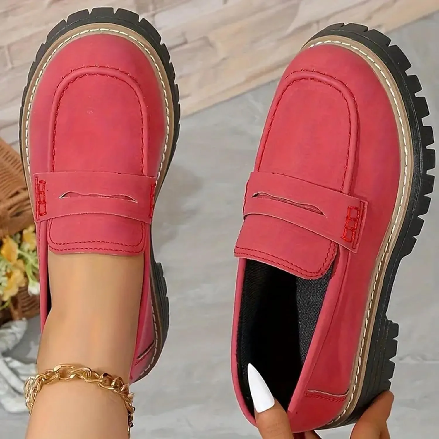 Womens Pink Suede Platform Loafers, Casual Slip-Ons, Size US 7 to 10