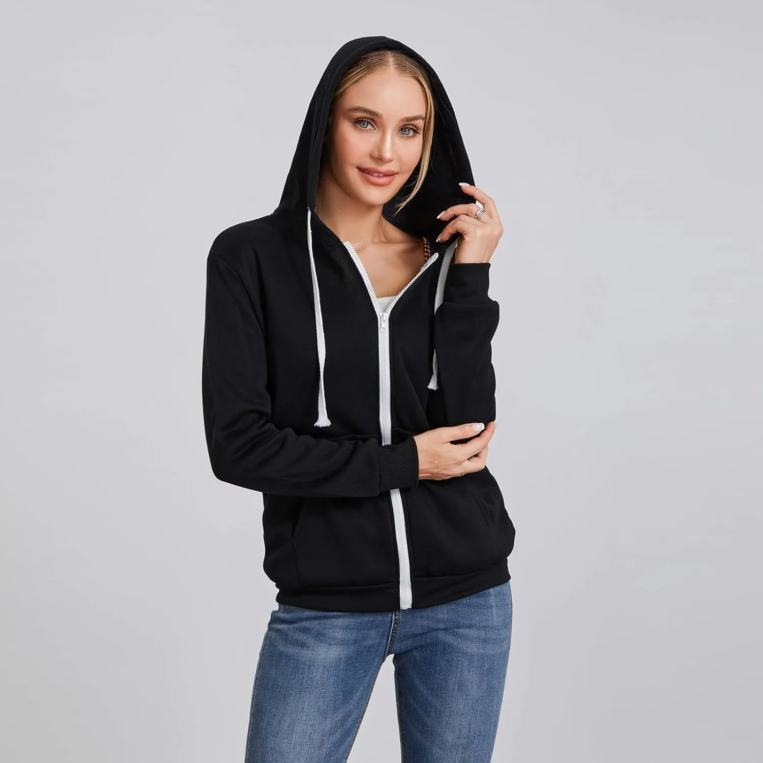 Womens Plain Zip Up Hoodie Ladies Fleece Long Sleeve Hooded Sweatshirt Top with Pockets Soft Spring Fall Outwear