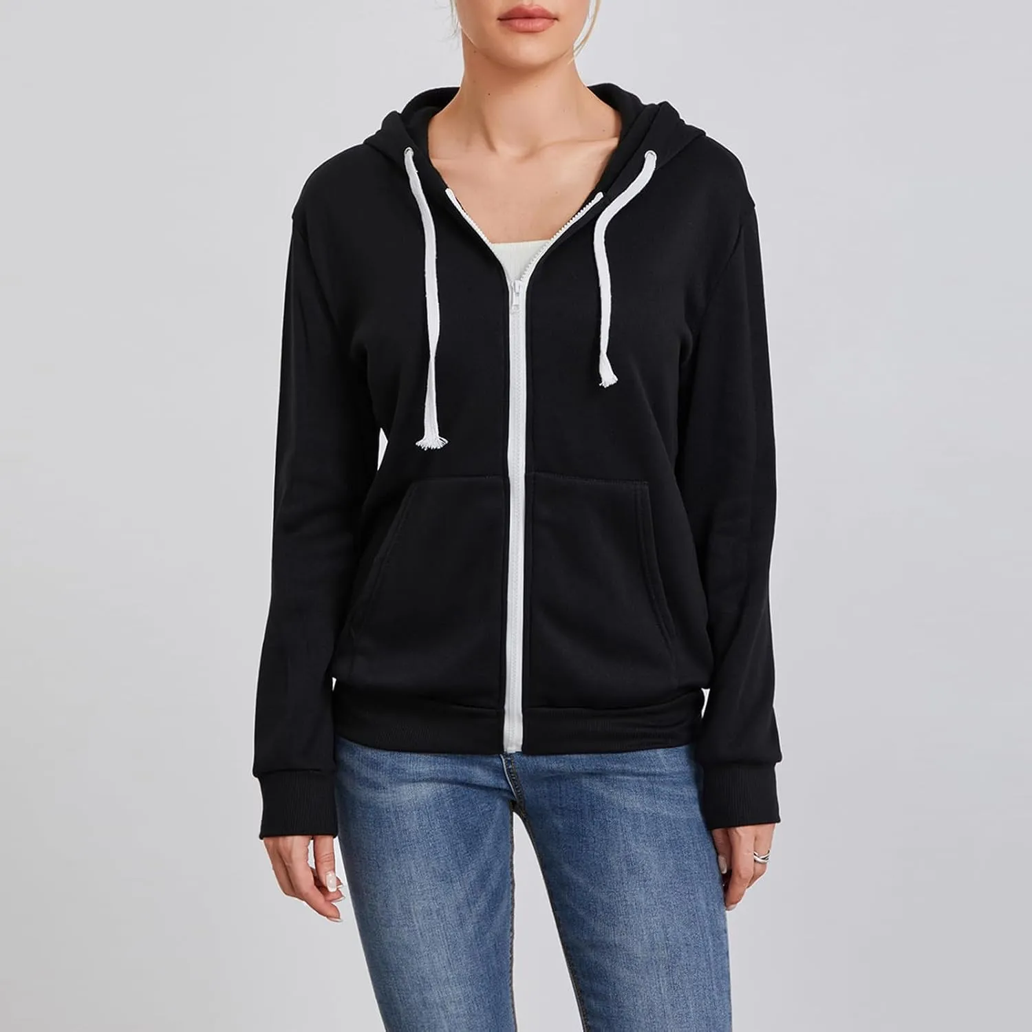 Womens Plain Zip Up Hoodie Ladies Fleece Long Sleeve Hooded Sweatshirt Top with Pockets Soft Spring Fall Outwear
