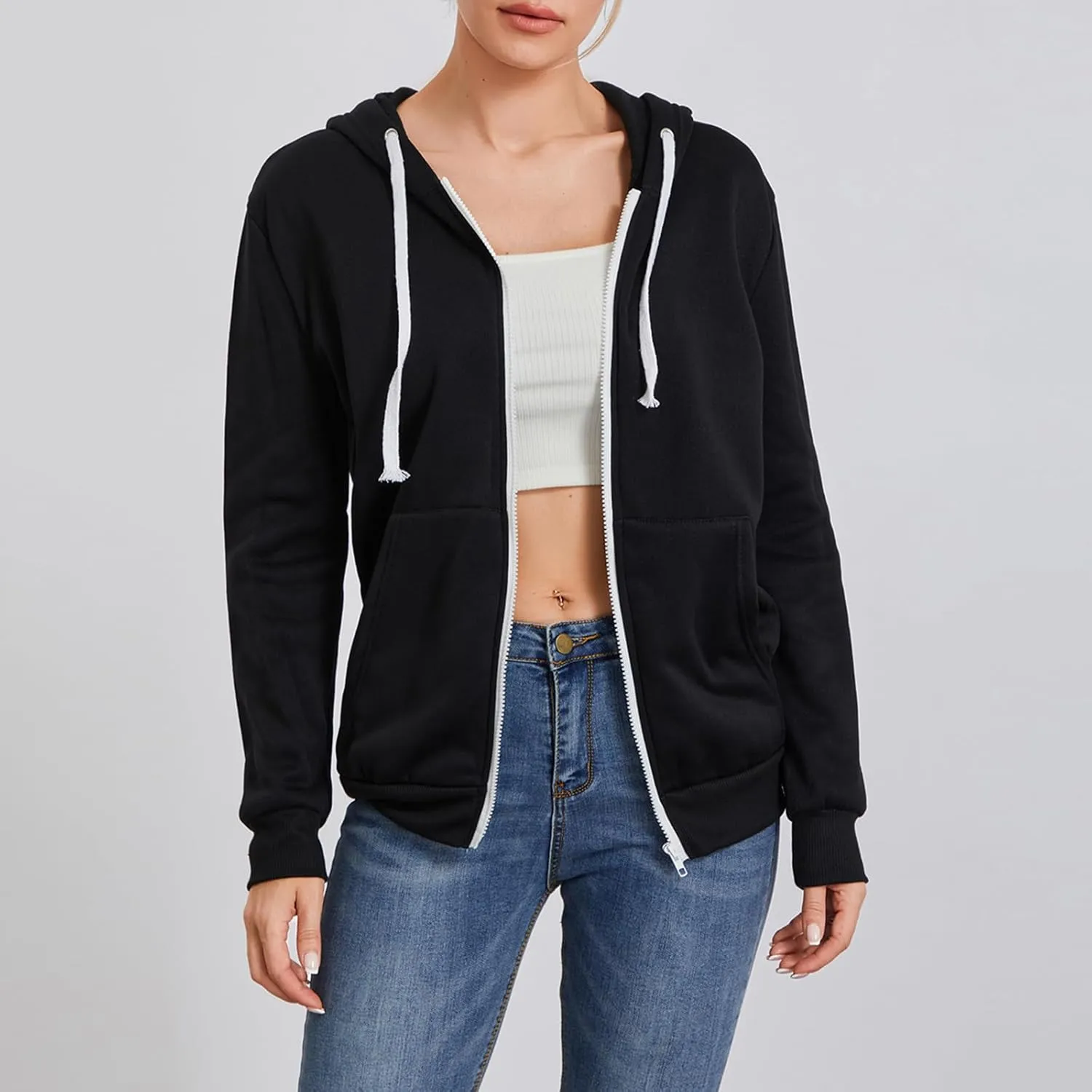 Womens Plain Zip Up Hoodie Ladies Fleece Long Sleeve Hooded Sweatshirt Top with Pockets Soft Spring Fall Outwear