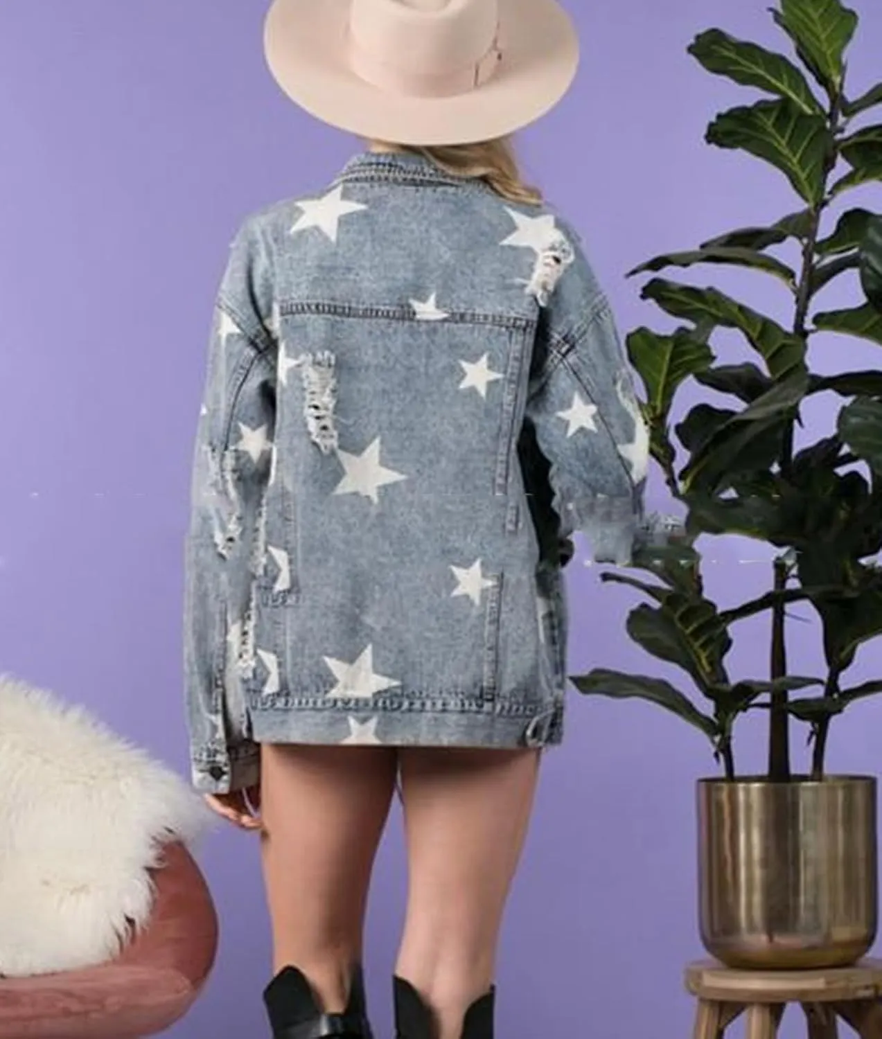 Women's Ripped Distressed Denim Jacket Star Print Jean Biker Jacket Boyfriend Trucker Denim Jacket