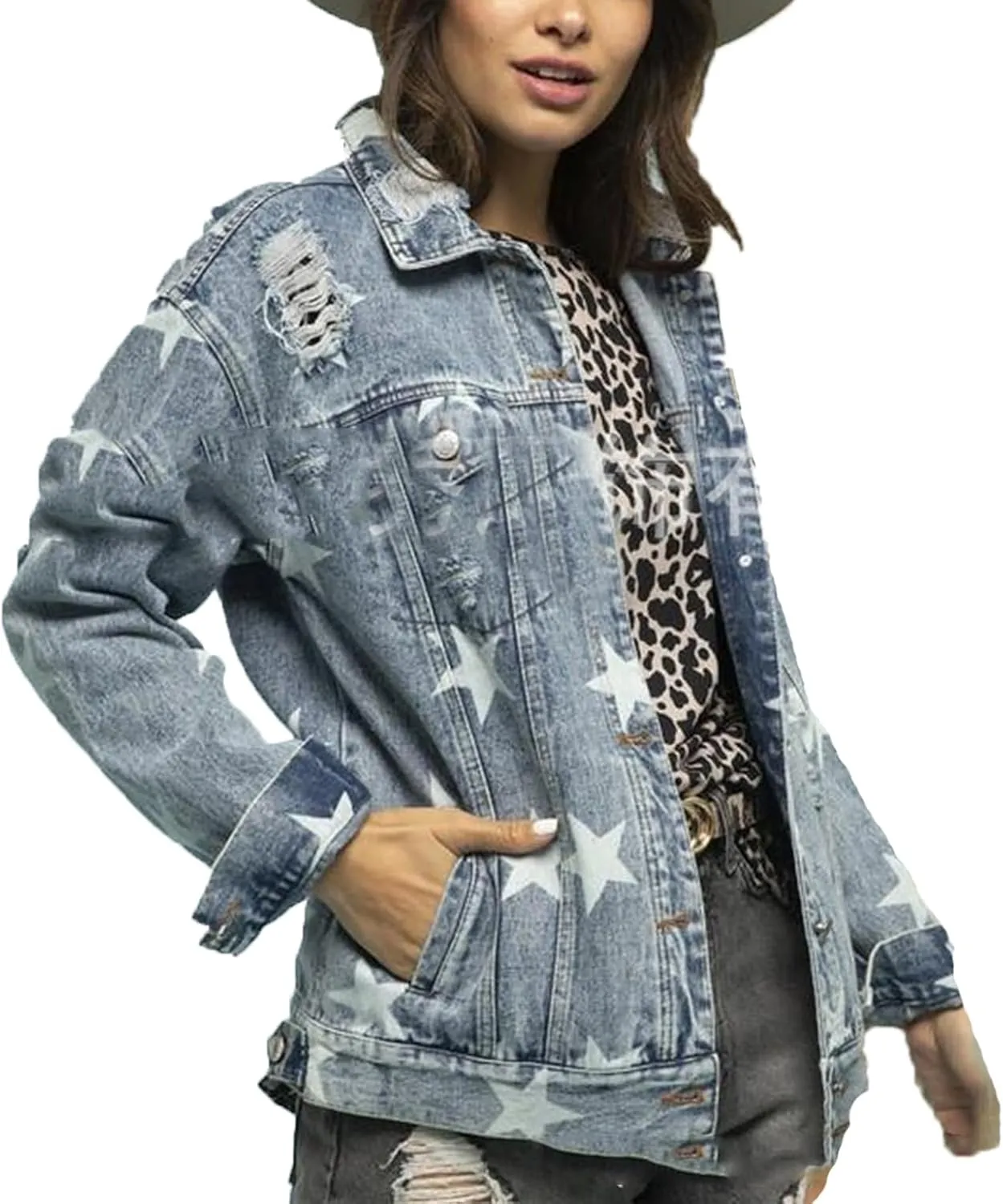 Women's Ripped Distressed Denim Jacket Star Print Jean Biker Jacket Boyfriend Trucker Denim Jacket