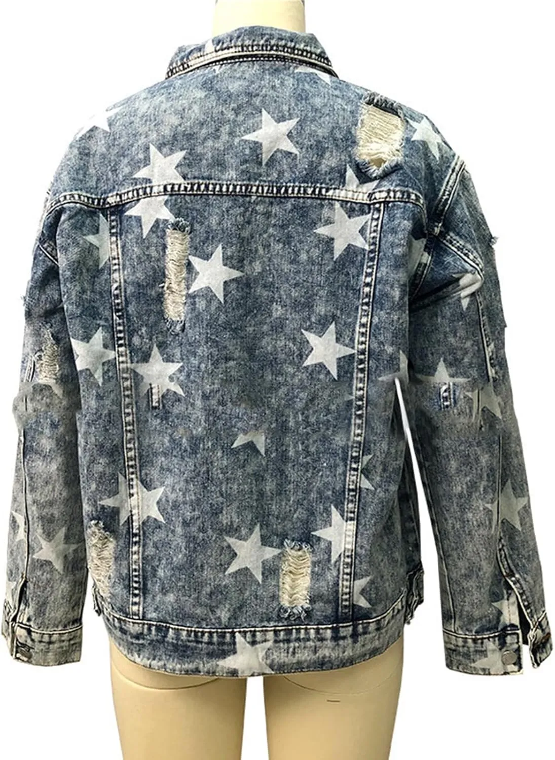 Women's Ripped Distressed Denim Jacket Star Print Jean Biker Jacket Boyfriend Trucker Denim Jacket
