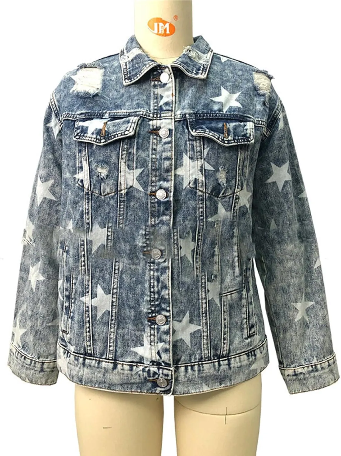 Women's Ripped Distressed Denim Jacket Star Print Jean Biker Jacket Boyfriend Trucker Denim Jacket