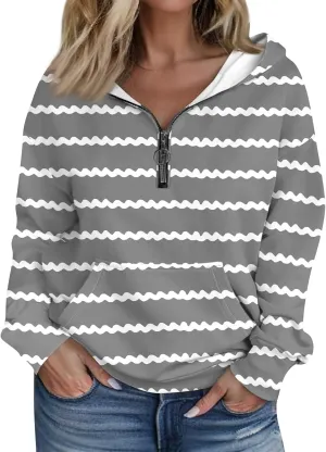 Womens Shirts Casual Quarter Zip Hoodie Pullover Striped Sweaters Trendy Long Sleeve Knitted Sweatshirt Casual Sweater Tops