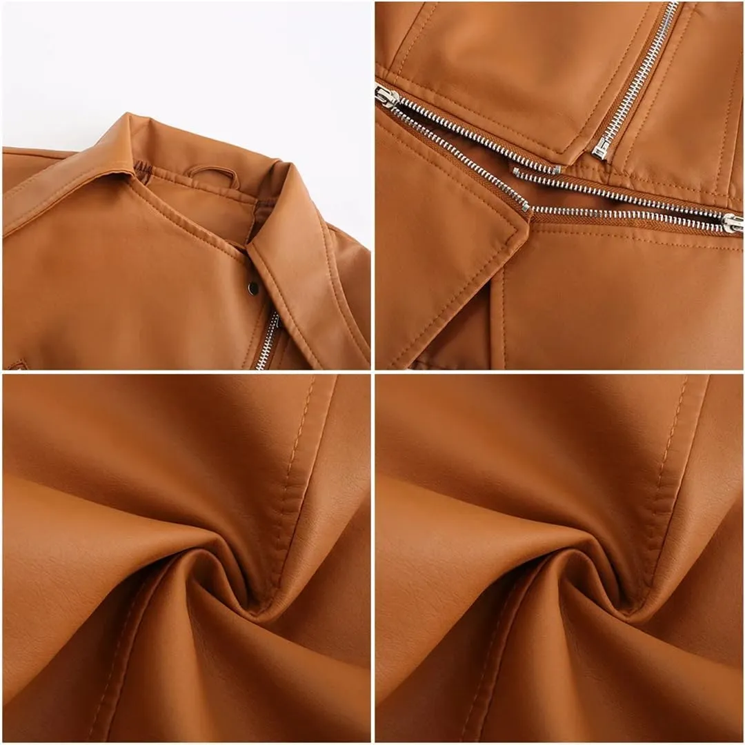 Women's Short Moto Biker Zipper Jacket Asymmetric Winter Coat Faux Leather Jacket