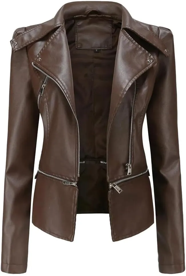 Women's Short Moto Biker Zipper Jacket Asymmetric Winter Coat Faux Leather Jacket