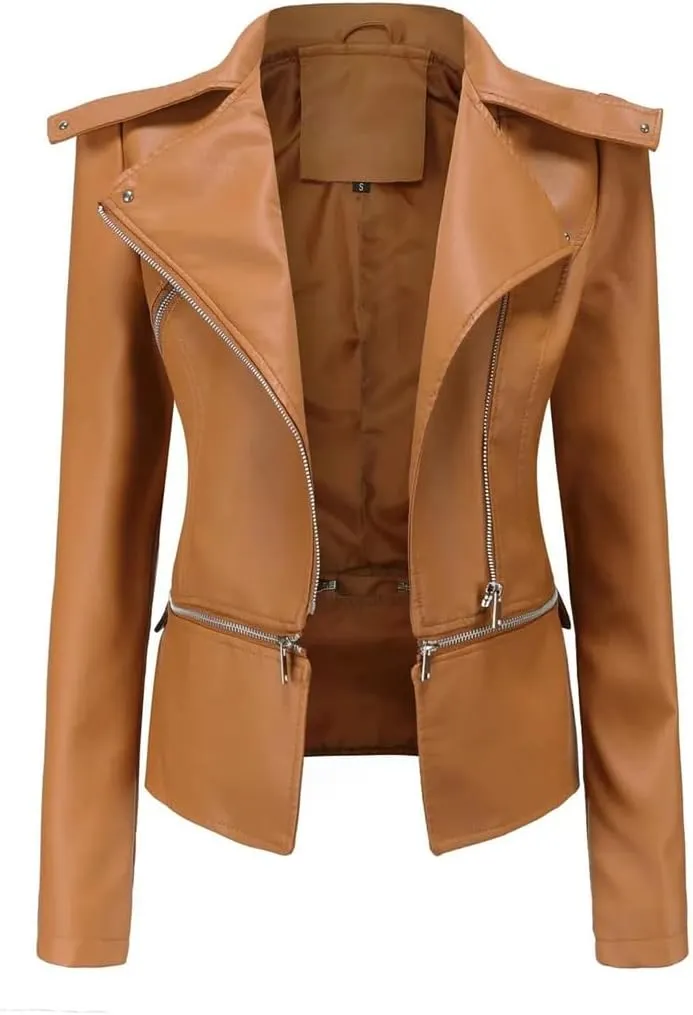 Women's Short Moto Biker Zipper Jacket Asymmetric Winter Coat Faux Leather Jacket
