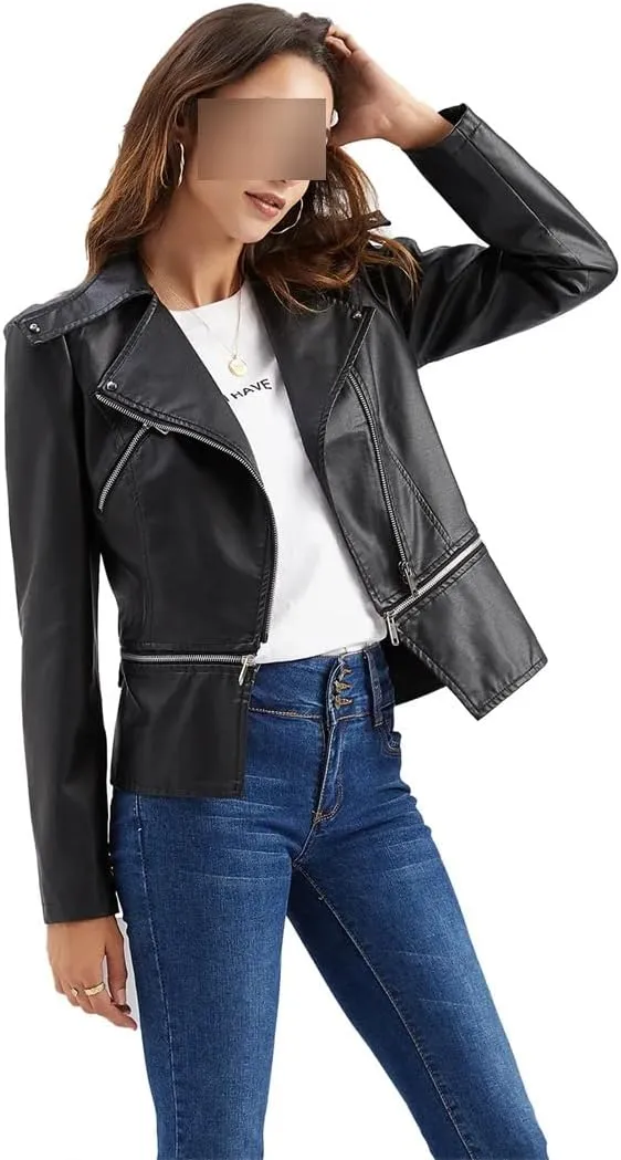 Women's Short Moto Biker Zipper Jacket Asymmetric Winter Coat Faux Leather Jacket