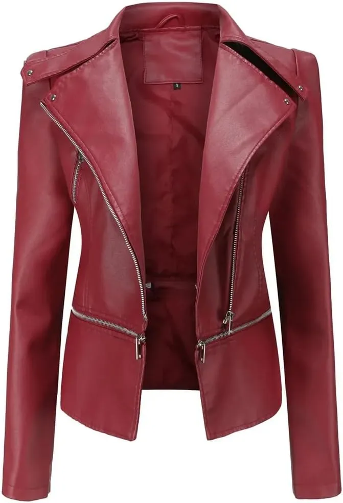 Women's Short Moto Biker Zipper Jacket Asymmetric Winter Coat Faux Leather Jacket