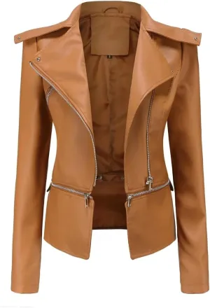 Women's Short Moto Biker Zipper Jacket Asymmetric Winter Coat Faux Leather Jacket