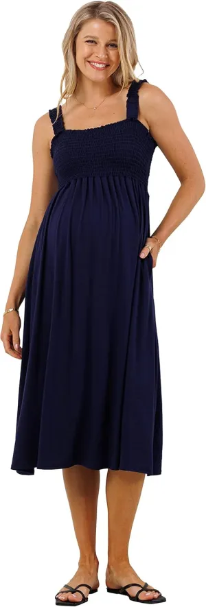 Women's Smocked Midi Maternity Dress with Pockets