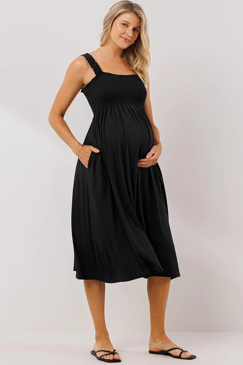 Women's Smocked Midi Maternity Dress with Pockets