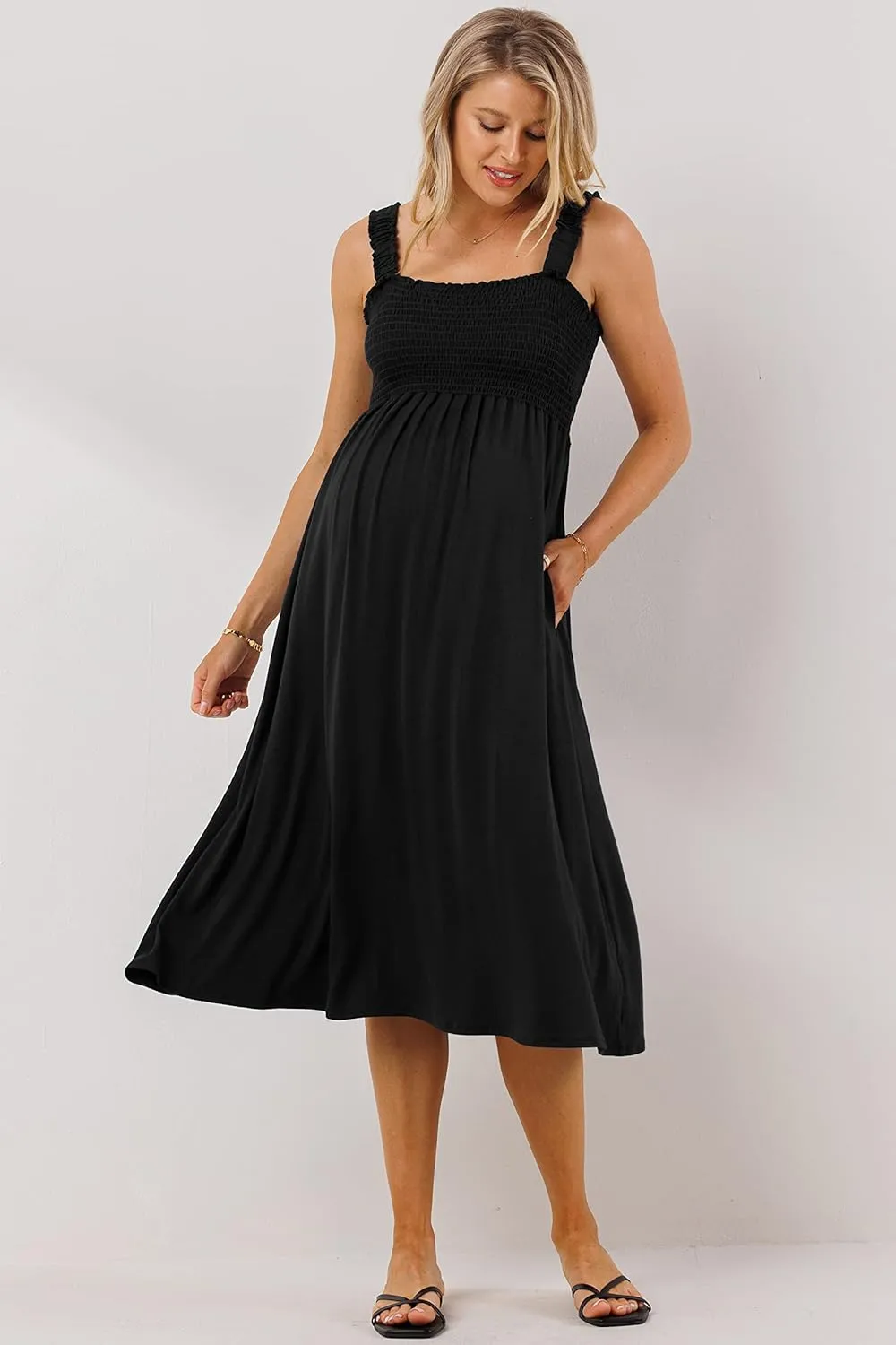 Women's Smocked Midi Maternity Dress with Pockets