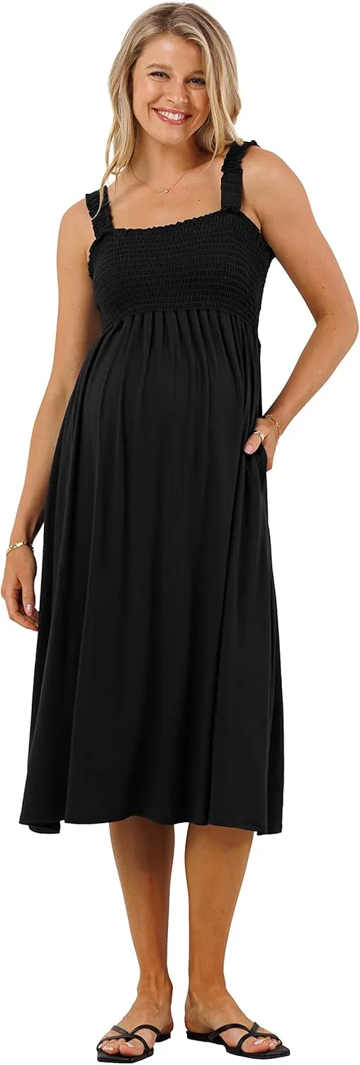 Women's Smocked Midi Maternity Dress with Pockets