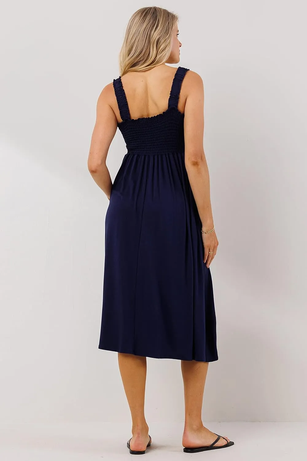 Women's Smocked Midi Maternity Dress with Pockets