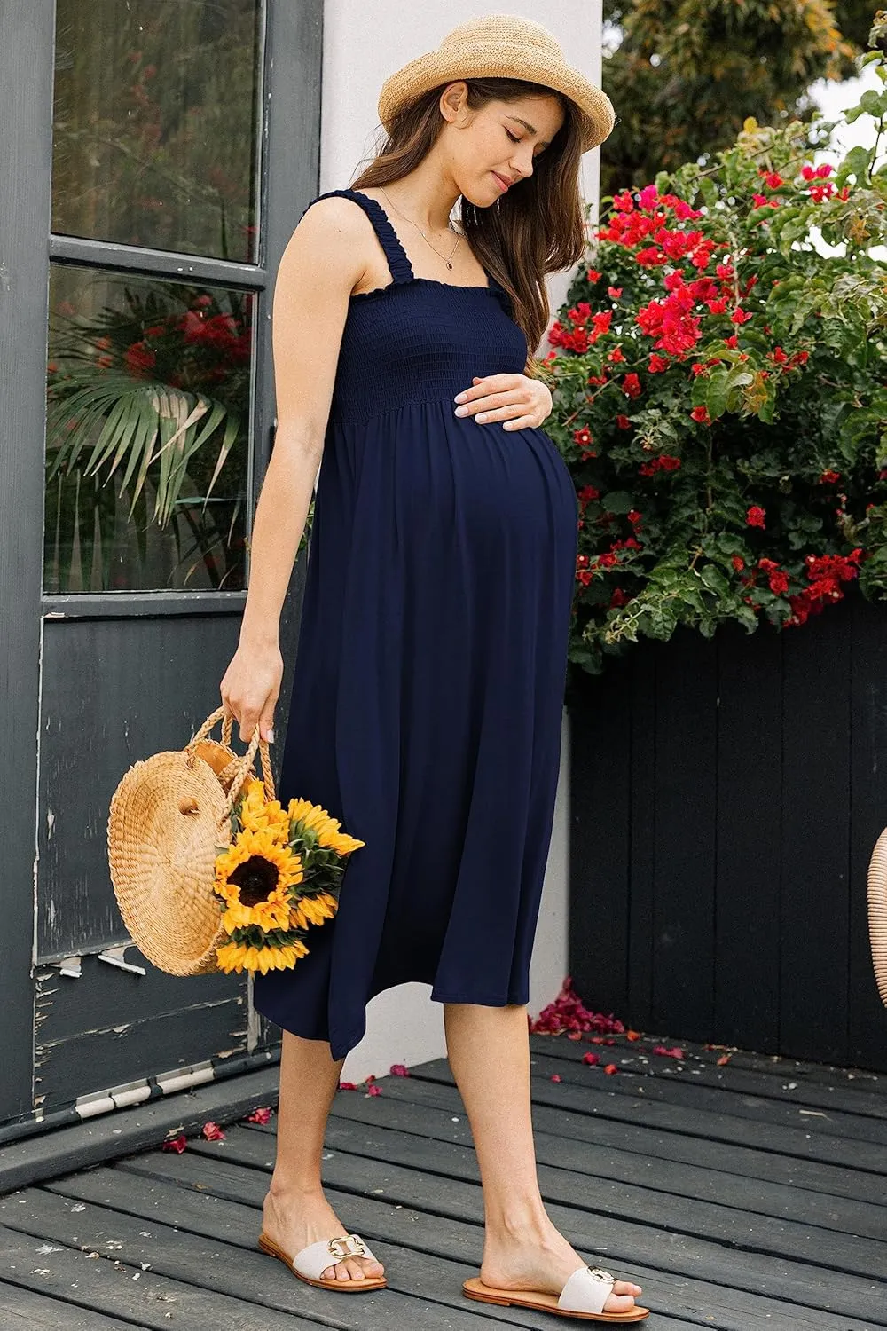 Women's Smocked Midi Maternity Dress with Pockets