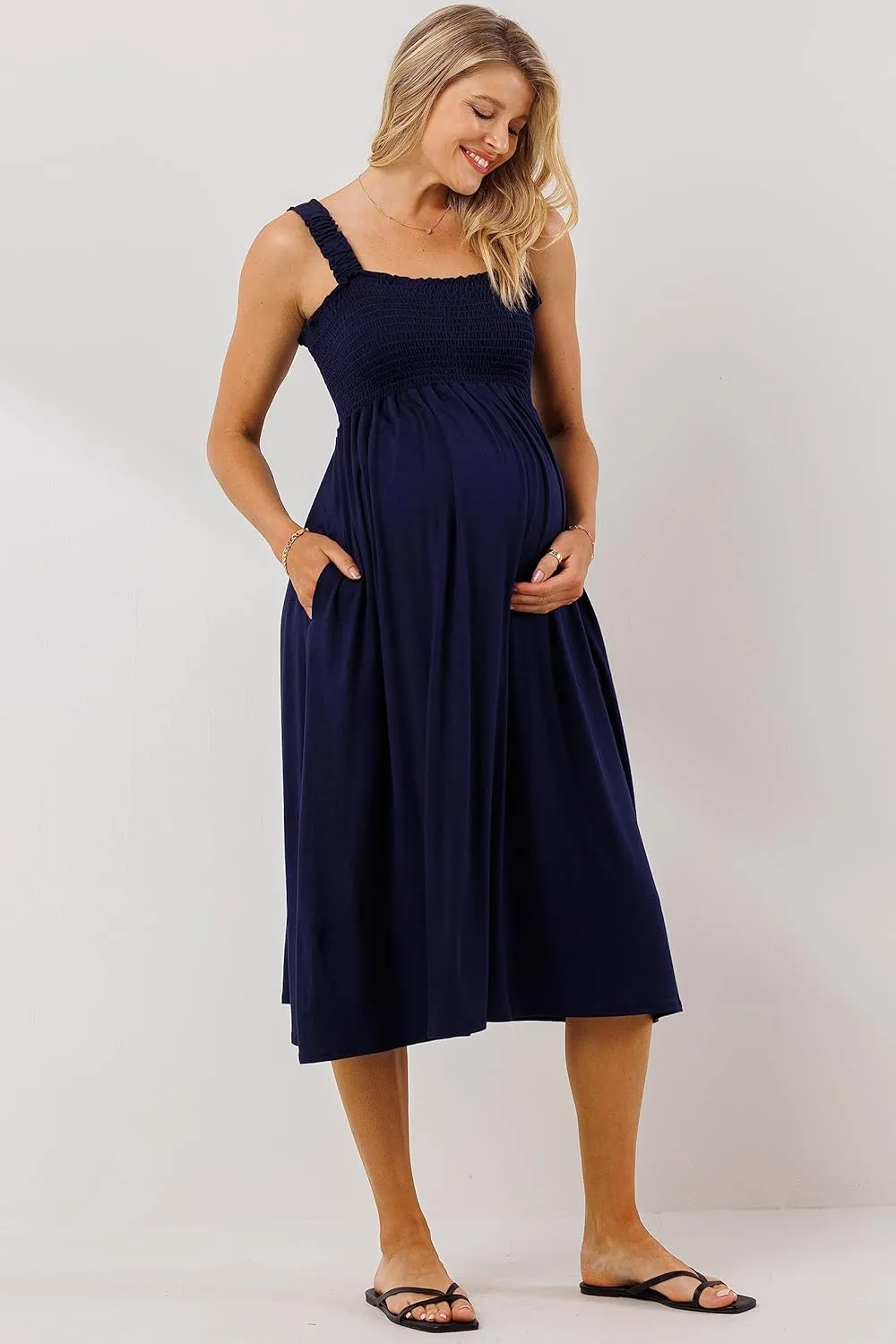Women's Smocked Midi Maternity Dress with Pockets