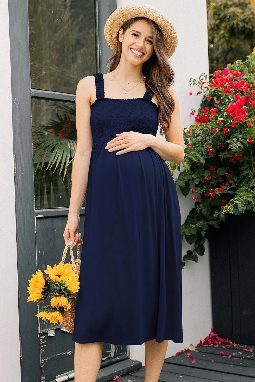Women's Smocked Midi Maternity Dress with Pockets