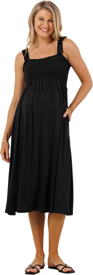 Women's Smocked Midi Maternity Dress with Pockets
