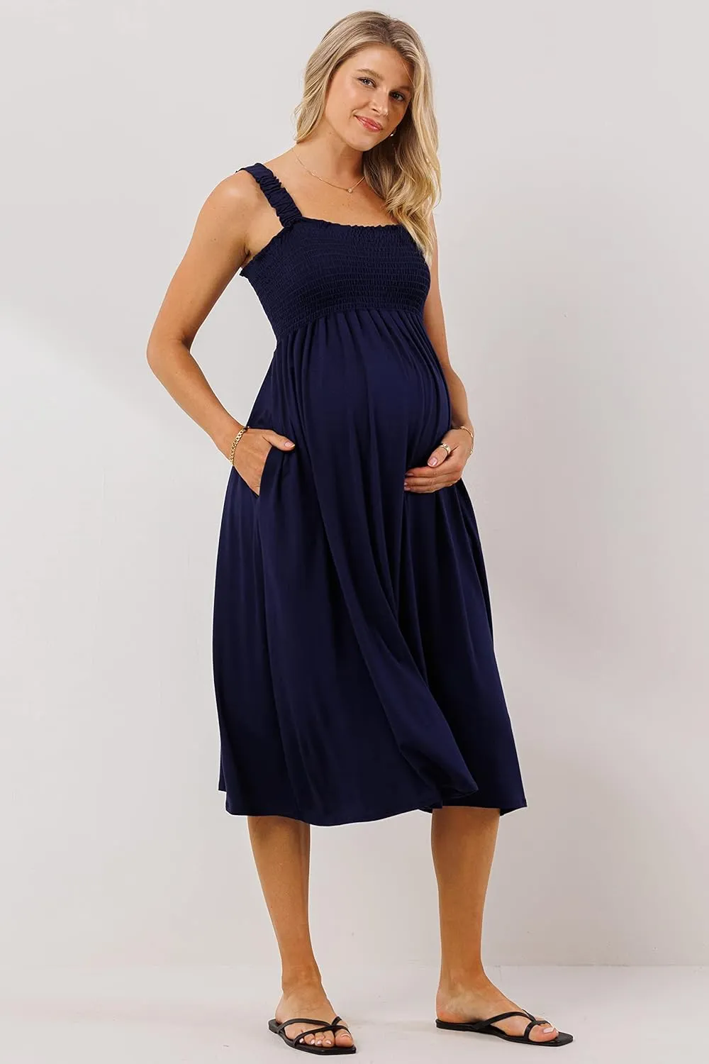Women's Smocked Midi Maternity Dress with Pockets