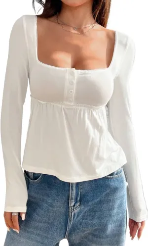 Womens Square Neck Plain Color Button Front Long Sleeve Summer Blouse for Women
