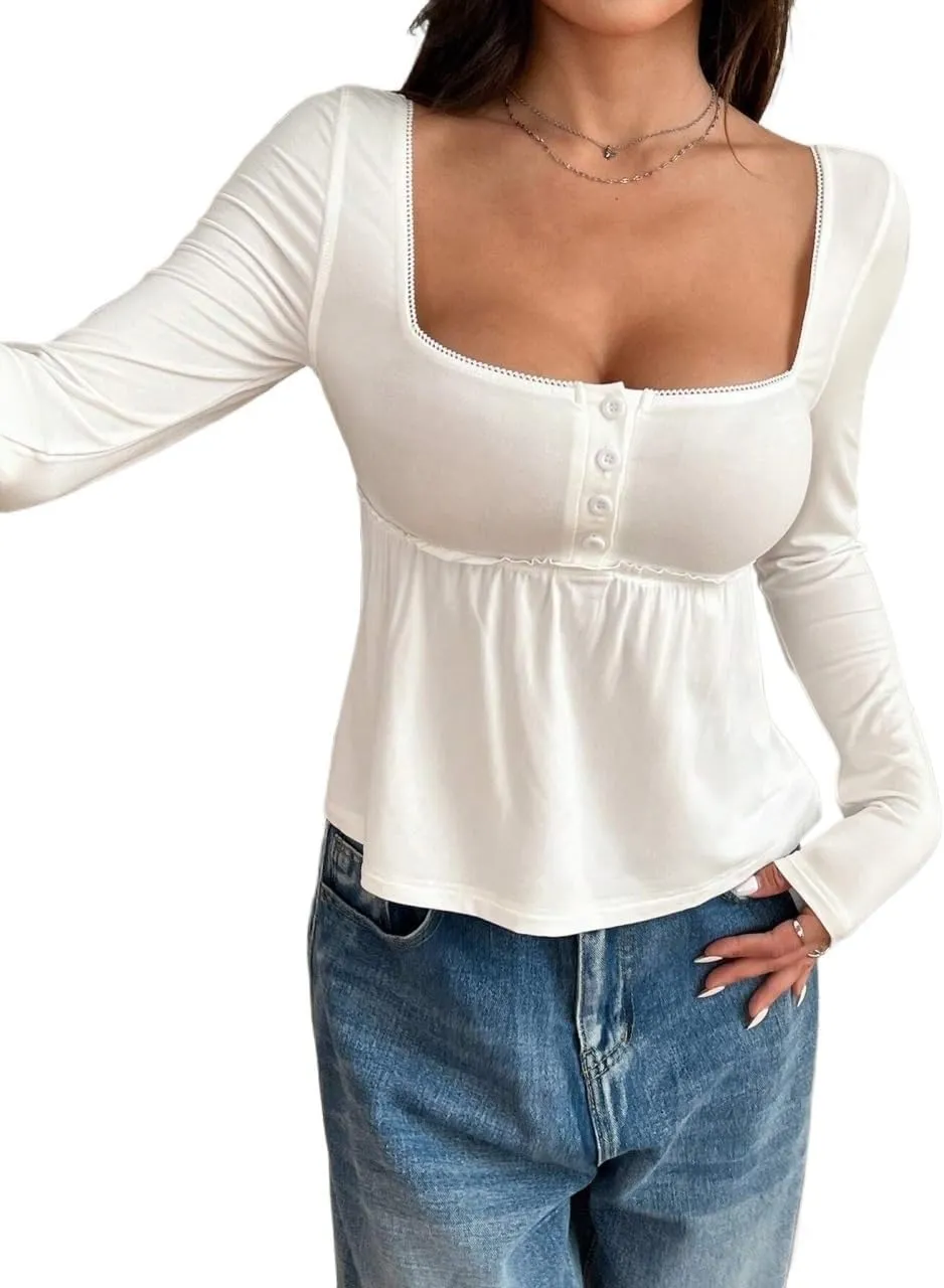 Womens Square Neck Plain Color Button Front Long Sleeve Summer Blouse for Women