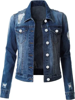 Women's Stretch Denim Jacket Long Sleeve Button Lapel Classic Jean Trucker Coat with Pockets