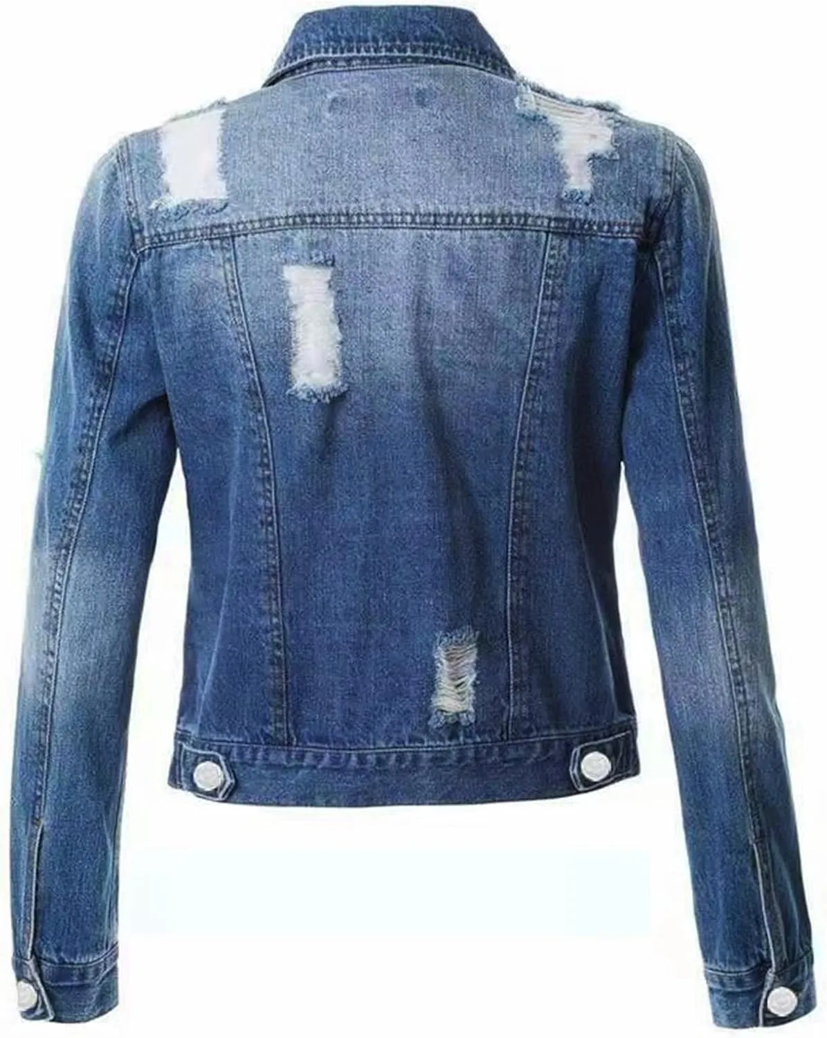 Women's Stretch Denim Jacket Long Sleeve Button Lapel Classic Jean Trucker Coat with Pockets