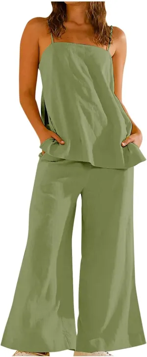 Women's Summer 2 Piece Outfits Spaghetti Strap Square Neck Tank Tops Wide Leg Pants Lounge Sets Fashion Tracksuit