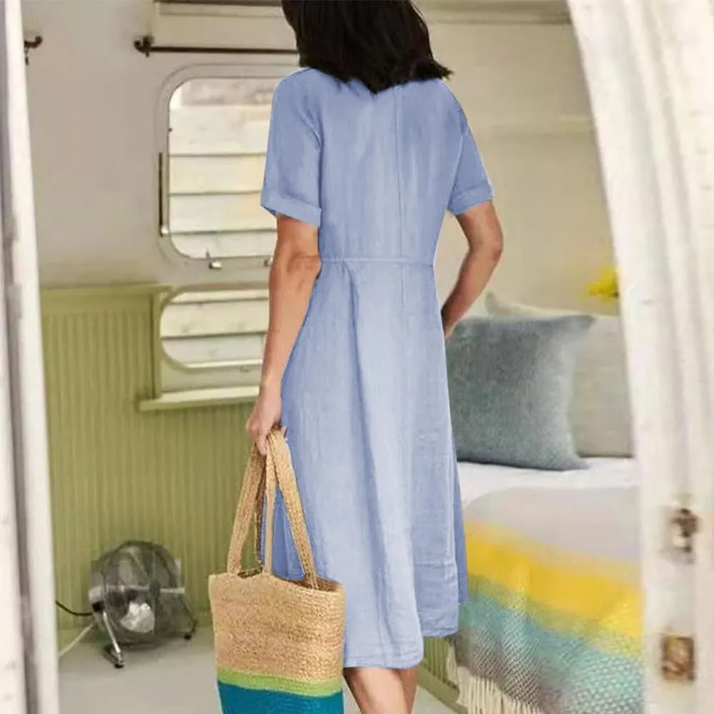 Women's Summer Casual V-Neck Button Down Shirt Dress Solid Short Sleeve Cotton Linen Dress Plus Size Maxi Dresses