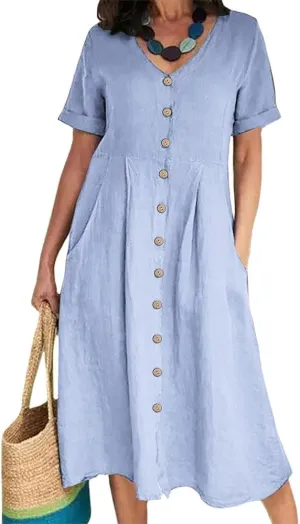 Women's Summer Casual V-Neck Button Down Shirt Dress Solid Short Sleeve Cotton Linen Dress Plus Size Maxi Dresses