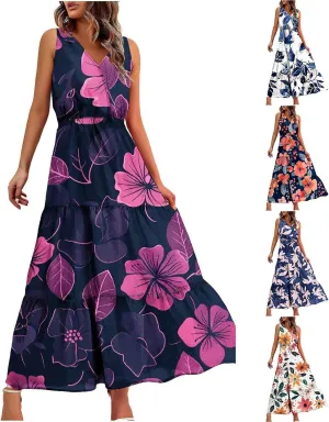 Womens Summer Dresses Casual Sleeveless Long Maxi Dress V Neck A-Line Dress Boho Floral Sundress Wedding Guest Dress
