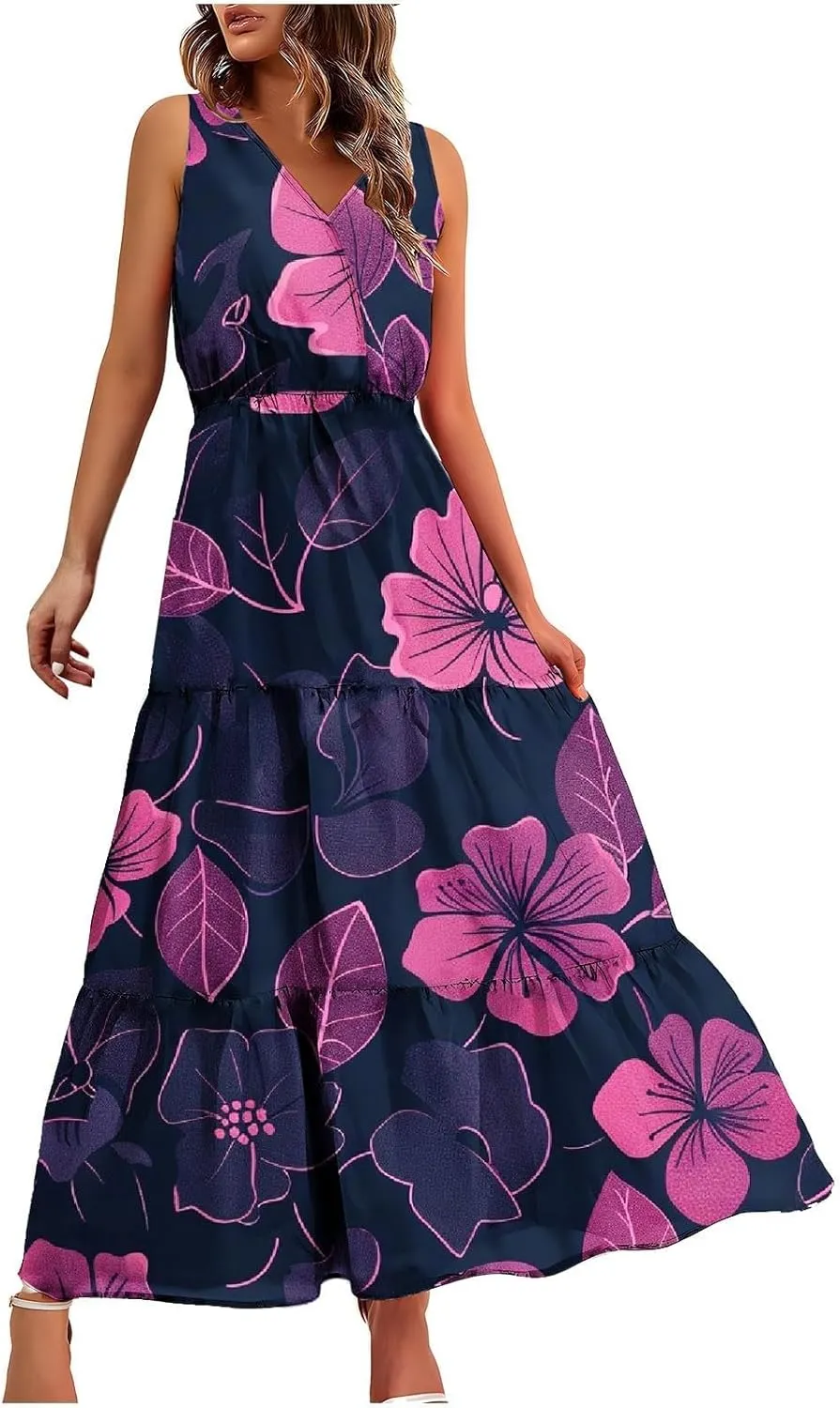 Womens Summer Dresses Casual Sleeveless Long Maxi Dress V Neck A-Line Dress Boho Floral Sundress Wedding Guest Dress