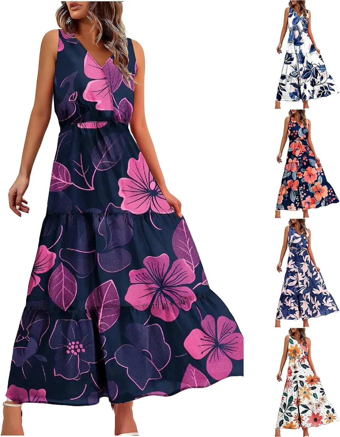 Womens Summer Dresses Casual Sleeveless Long Maxi Dress V Neck A-Line Dress Boho Floral Sundress Wedding Guest Dress