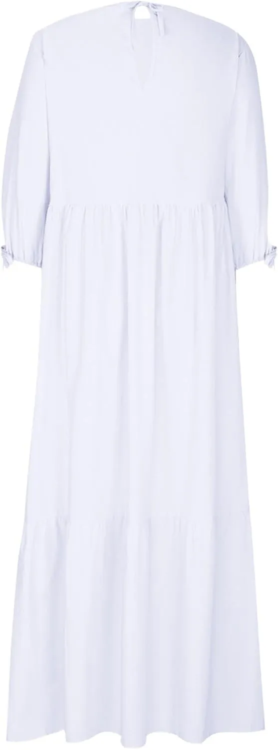 Womens Summer Dresses Cotton Linen Dress Casual Flowy Long Sleeve V Neck Beach Vacation Long Sundress