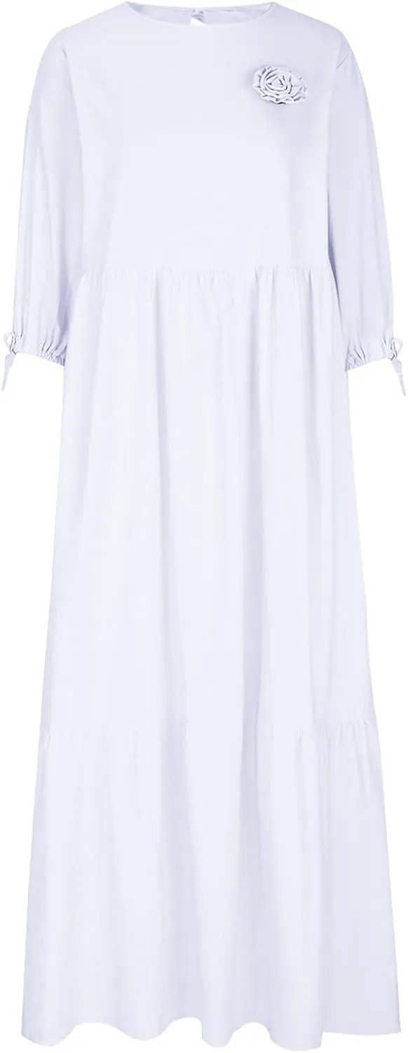 Womens Summer Dresses Cotton Linen Dress Casual Flowy Long Sleeve V Neck Beach Vacation Long Sundress