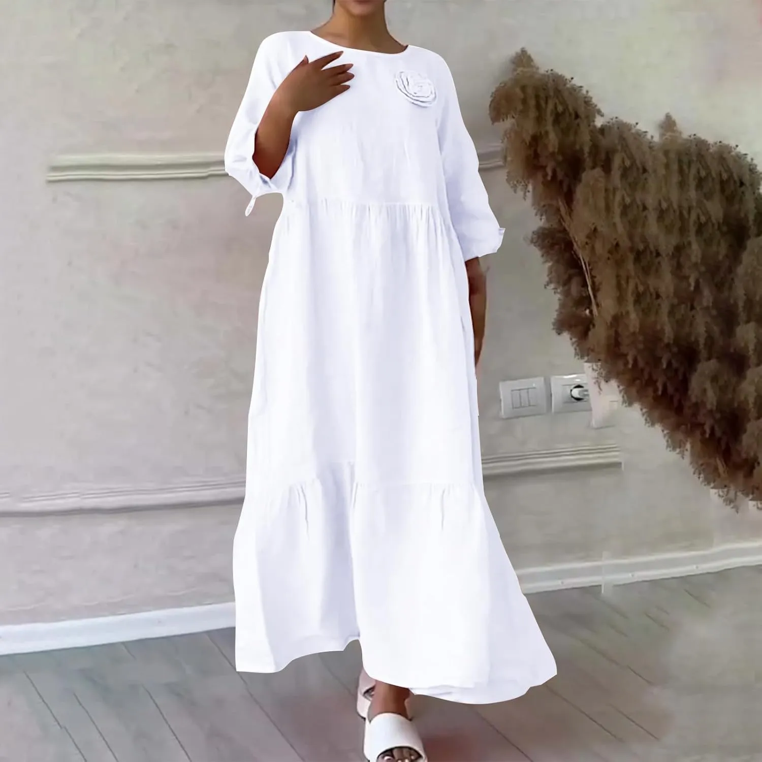 Womens Summer Dresses Cotton Linen Dress Casual Flowy Long Sleeve V Neck Beach Vacation Long Sundress