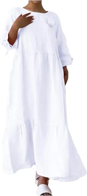 Womens Summer Dresses Cotton Linen Dress Casual Flowy Long Sleeve V Neck Beach Vacation Long Sundress