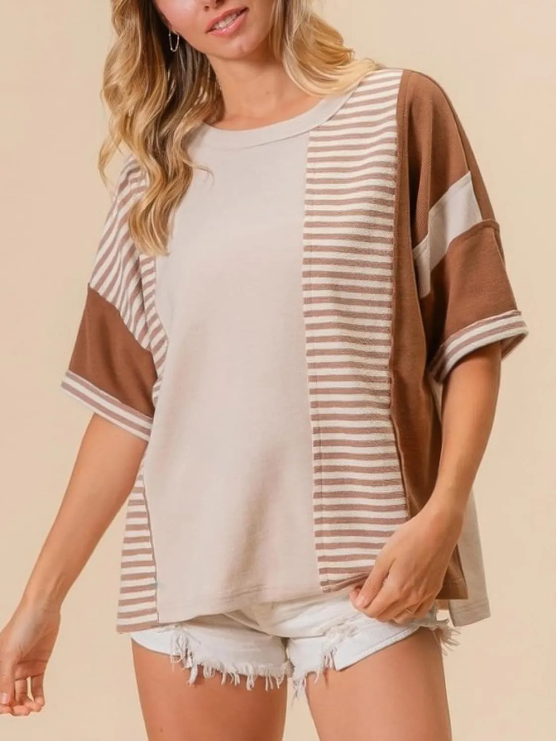 Womens Summer Striped T Shirts Casual Color Block Short Sleeve Tops Oversized Crew Neck Tees