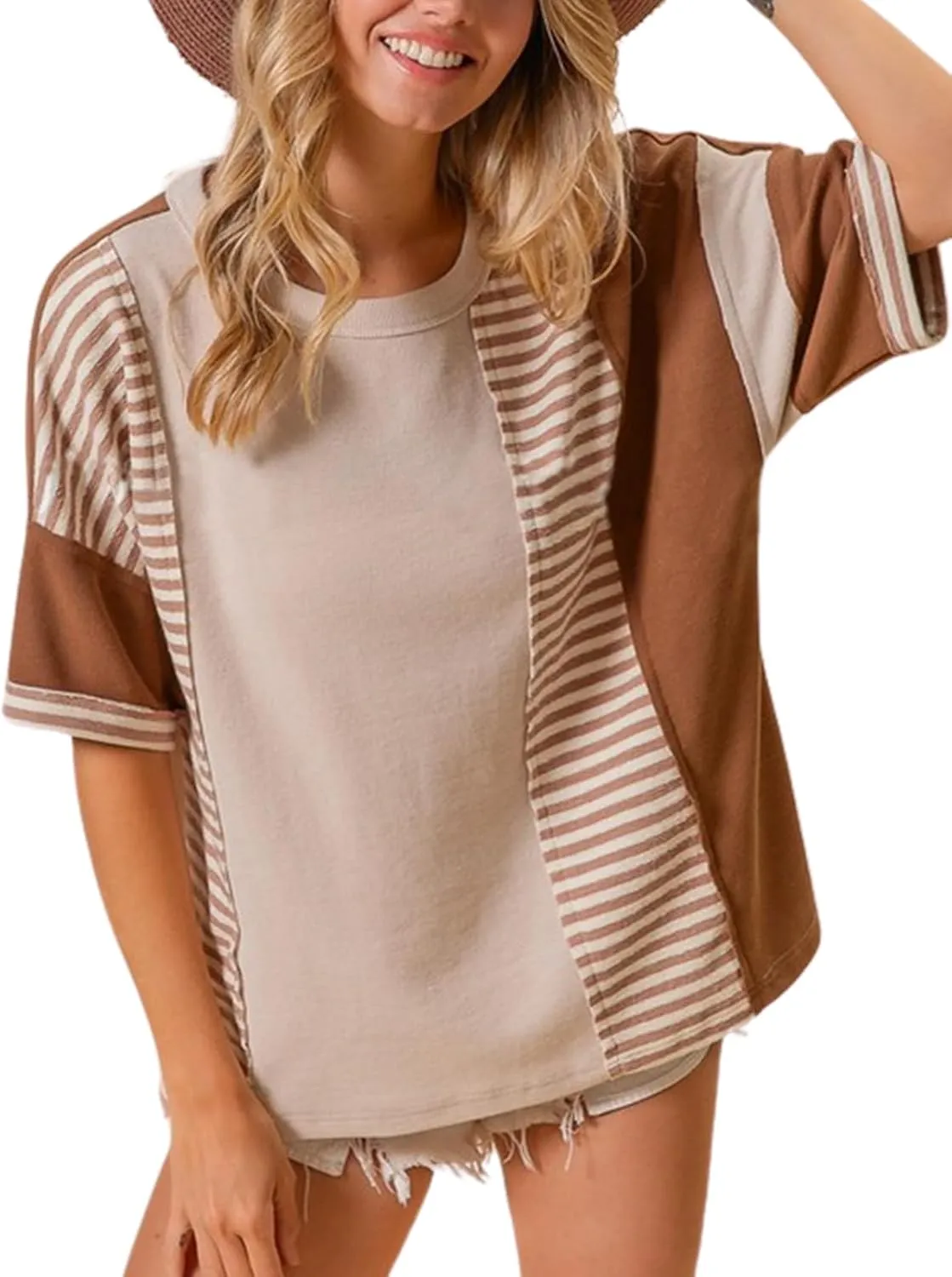 Womens Summer Striped T Shirts Casual Color Block Short Sleeve Tops Oversized Crew Neck Tees