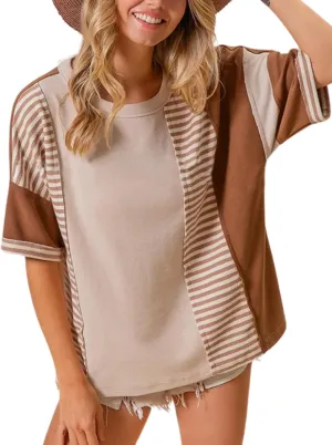 Womens Summer Striped T Shirts Casual Color Block Short Sleeve Tops Oversized Crew Neck Tees