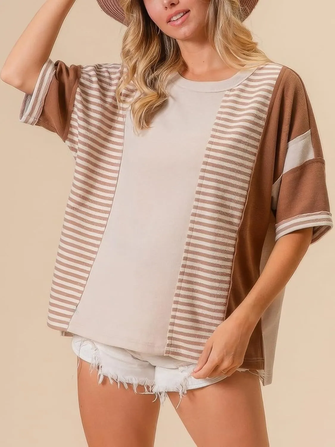 Womens Summer Striped T Shirts Casual Color Block Short Sleeve Tops Oversized Crew Neck Tees