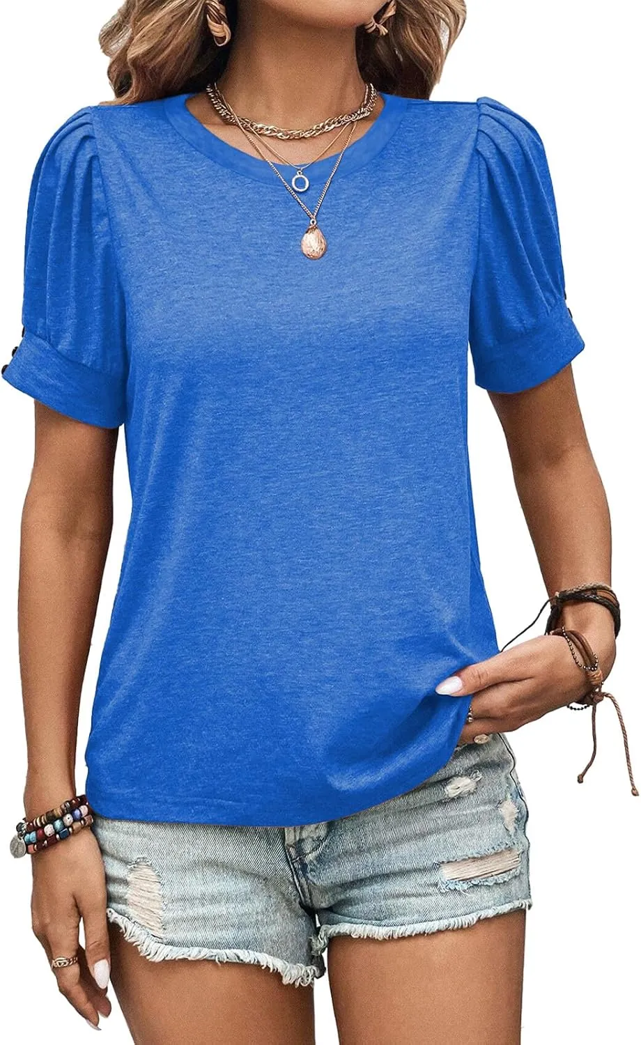 Womens Summer Tops 2025 Puff Short Sleeves Shirts Dressy Casual Tee Ladies Blouses Stylish T-Shirts Cute Spring Tshirts