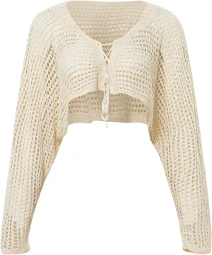 Women's Tie Front Bell Long Sleeve Crochet Knit Cropped Cardigan Top