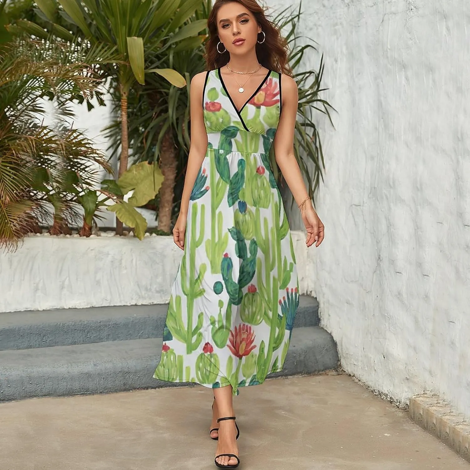 Women's V-Neck Sleeveless Flowy Long Dress for Party Beach Date