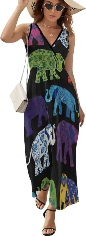 Women's V-Neck Sleeveless Midi Tank Dress for Vacation Party Wedding